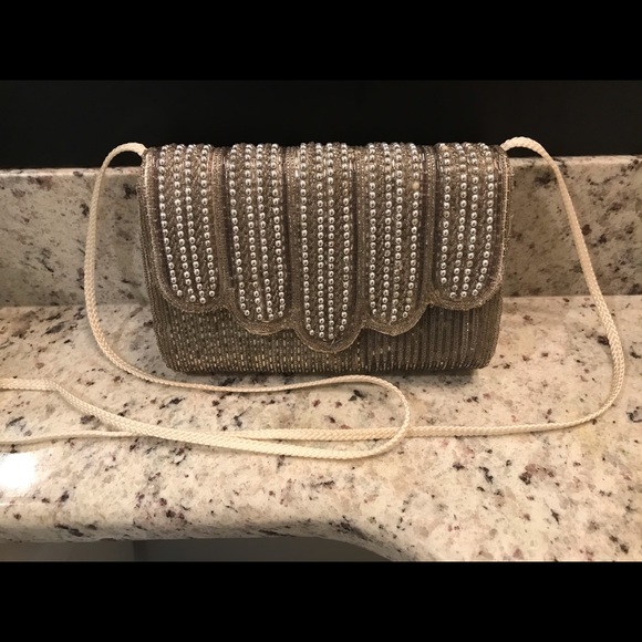 Silver Beaded Dress Clutch with Strap - Picture 1 of 3